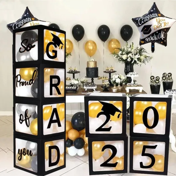 2025 Graduation Party Decoration Black Balloon Boxes with Letters 2025 Grad & So Proud of You and 20 pcs Ballons