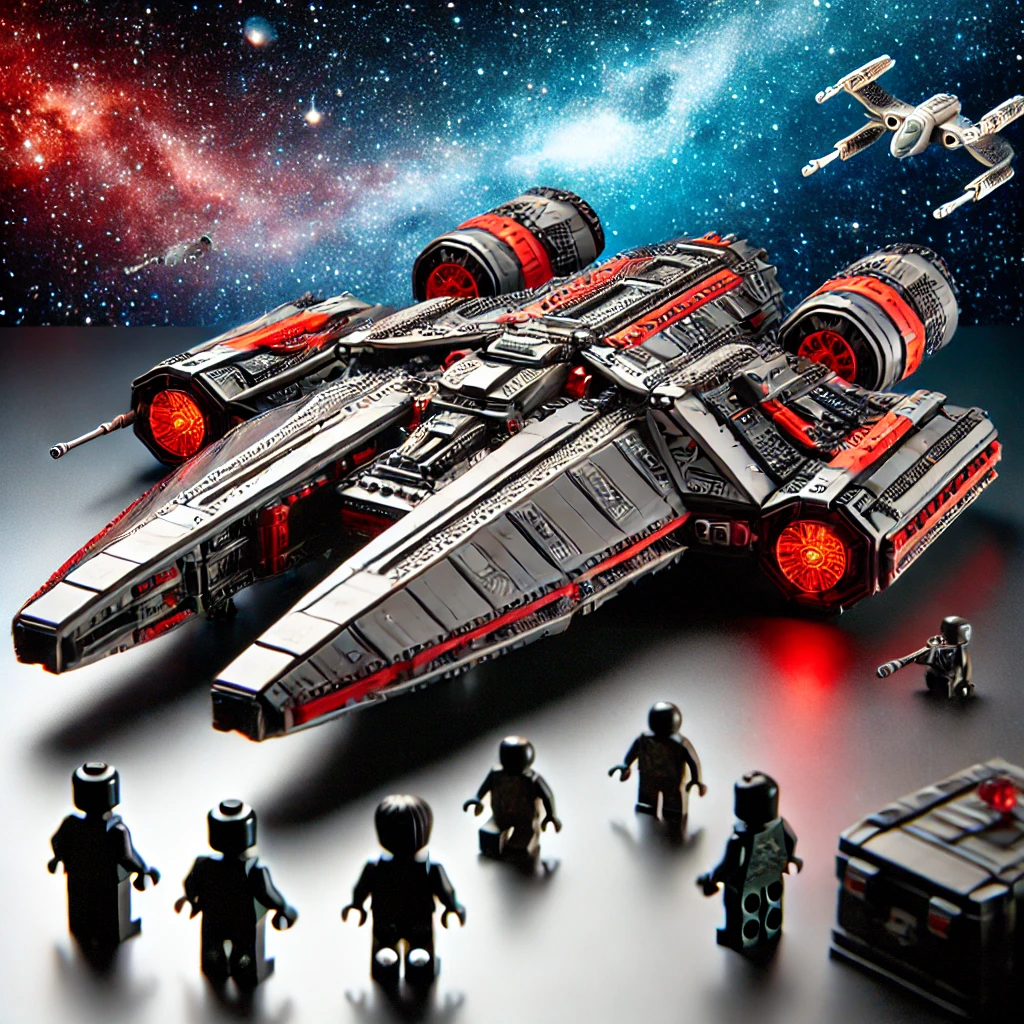 A sci-fi-inspired buildable starship in the style of LEGO, featuring a sleek black and red design with futuristic details. The starship is displayed