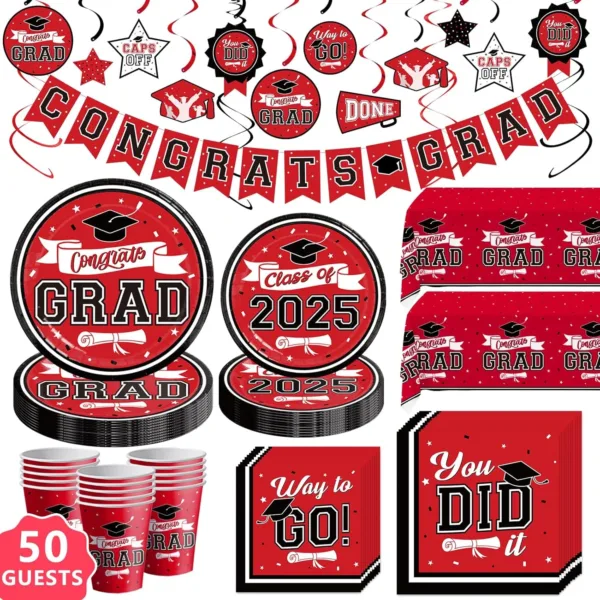 DAZONGE Graduation Decorations 2025 Red and Black, Disposable Tableware Kit for 50 Guests, Plates, Napkins, Cups, Tablecloth and Hanging 2025 Graduation