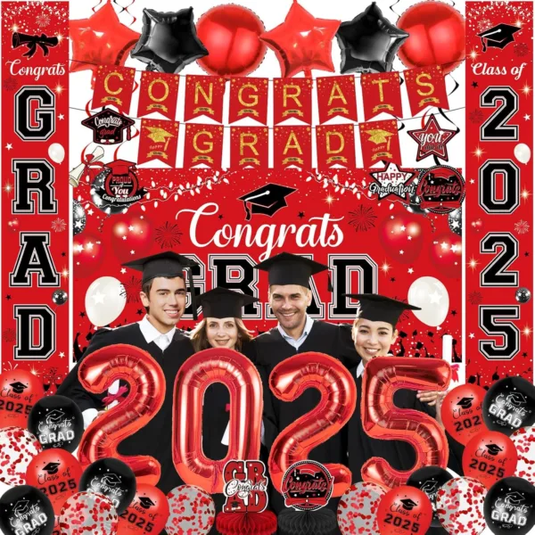 Graduation Decorations 2025, 43-Piece Luxury Red Party Supplies Set with Balloons, Banner, Backdrop, Hanging Swirls, Honeycomb Table Decor & Photo Props...