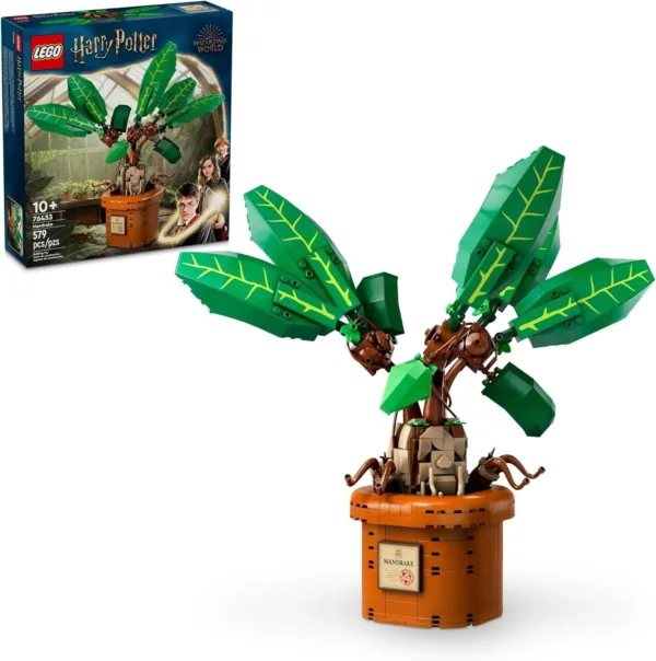 Discover the enchanting LEGO Harry Potter Mandrake Figure & Pot Plant Toy, showcasing a detailed pot plant model. The set box, featuring prominent LEGO branding and imagery of the completed build, peeks invitingly from the background.