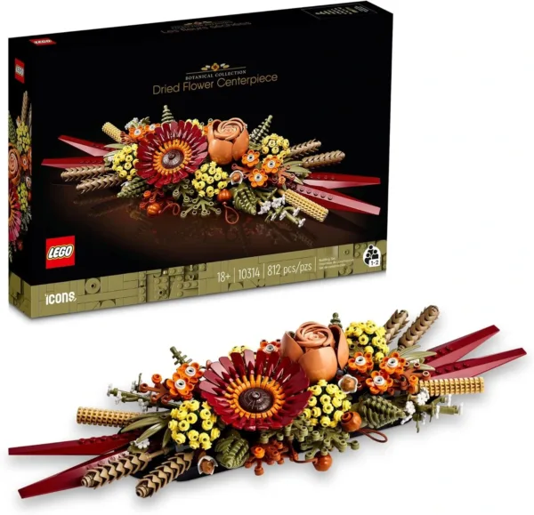 The LEGO Icons Dried Flower Centerpiece Building Set comprises 812 pieces to create a stunning arrangement with red petals, orange roses, and yellow flowers with brown accents—a perfect addition to the LEGO Icons Botanical Collection for any plant enthusiast.