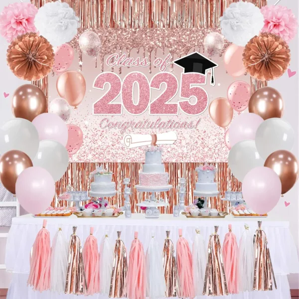 Pink Graduation Decorations Class of 2025, Rose Gold 2025 Graduation Party Decorations, Class of 2025 Paper Pompoms Paper Tassels Backdrop